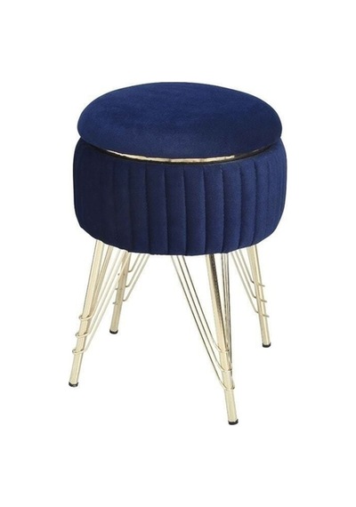 Bianco Metal Ayaklı Sehpalı Puf Altın Koyu Mavi Gold Dark Blue