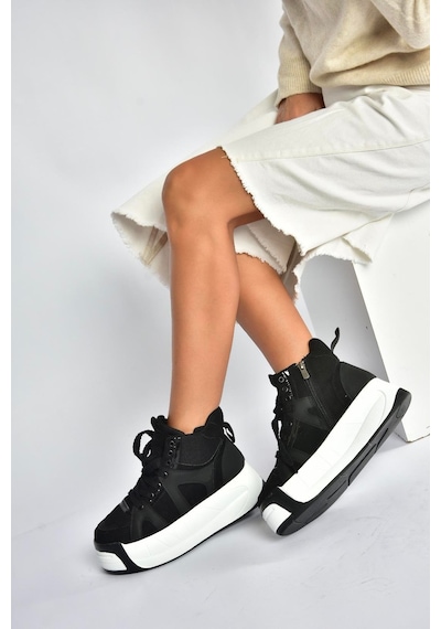 Fox Shoes V973019102 Siyah/beyaz Süet Kalın Tabanlı Kadın Spor Ayakkabı Sneakers Siyah - Beyaz