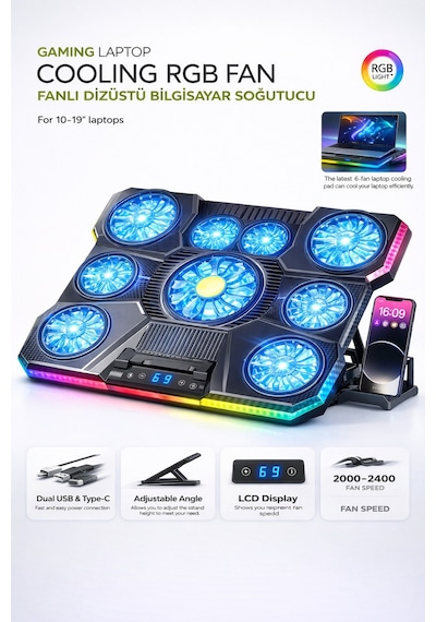 9 Fanlı Laptop Soğutucu 2400 Rpm Ultra Güçlü Fan 13-19 İnç Laptoplar İle Uyumlu 8 Kademe Yükseklik