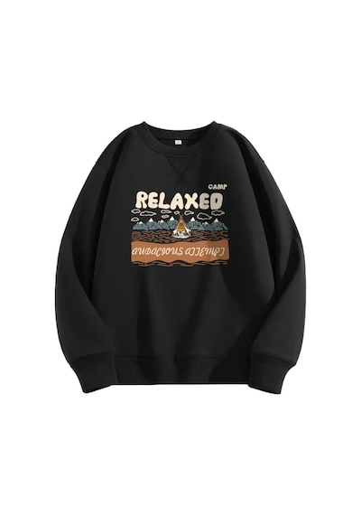 Herkesemoda Relaxed Baskı Detaylı Bisiklet Yaka Sweatshirt Siyah