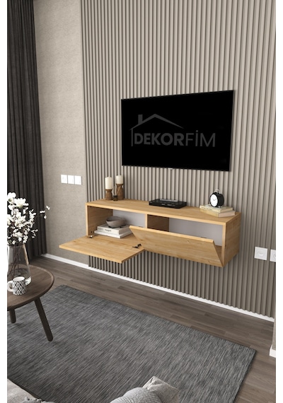 Df17101 Duvara Monte Tv Ünitesi Kapaklı Raflı Tv Sehpası Modern Duvar Raflı Tv Alt Ünitesi Safir Meşe