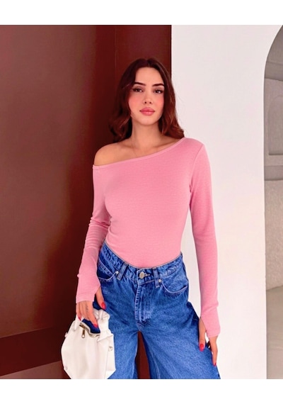 Elaxi Kadın Kayık Yaka Parmak Geçmeli Uzun Kollu Full Likralı Pamuk Viskon Buzzy Body Tişort Pembe Elaxi Kadın Kayık Yaka Parmak Geçmeli Uzun Kollu Full Likralı Pamuk Viskon Buzzy Body Tişort Pembe