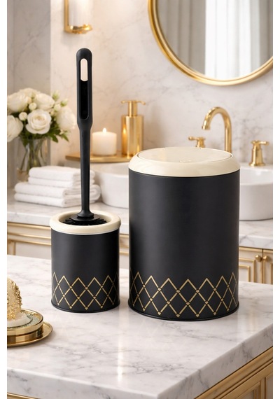 Geometrik Zikzak Desenli 2'li Banyo Seti Siyah