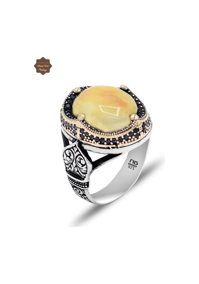 Mikro Zirkon Tac Motifli Damla Kehribar Taşlı Erkek Gümüş Yüzük 201025432