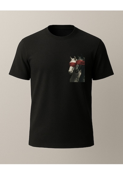 Etnik Atlar Baskılı T-shirt Siyah