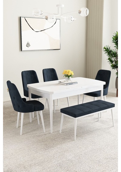 Clara Beyaz 80x132 Açılabilir Mdf Masa Yemek Odası Takımı,mutfak Takımı 4 Sandalye 1 Bench Antrasit