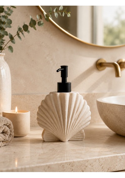 Yş Home - Deniz Kabuğu Polyresin Sıvı Sabunluk Dekoratif Banyo Lavabo Aksesuarı Açık Bej