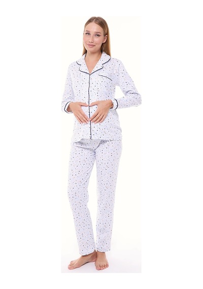Likapa İnterlok Düğmeli Hamile Lohusa Uzun Kol Pijama Takımı 1354-01 Desenli - Lacivert Biyeli