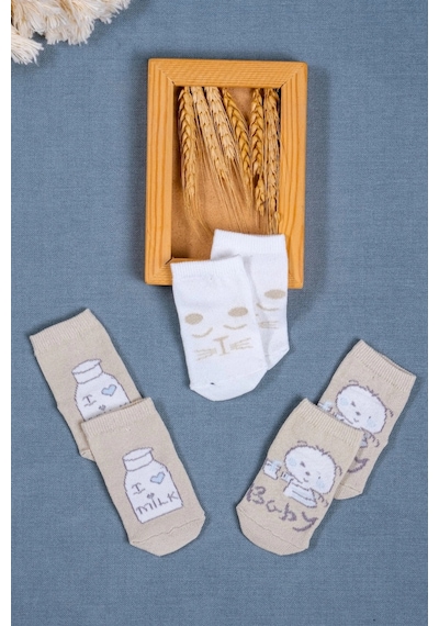Cocole Socks Erkek Bebek Soket Çorabı 3 Lü Set Pamuklu Bej Sevimli Figür Desenli Çok Renkli