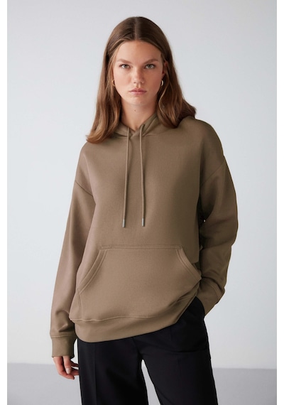 Grımelange Adel Kadın Organik Pamuklu Içi Polarlı Yumuşacık Relaxed  Kanguru Cepli Kapüşonlu Vizon Sweatshirt