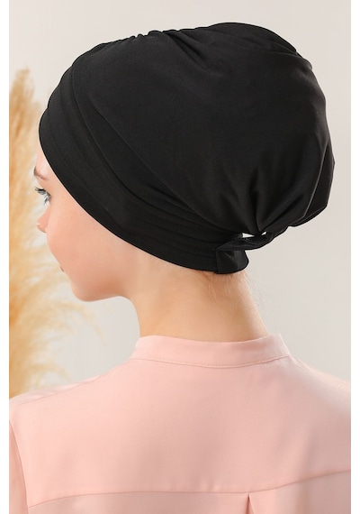Melodi Scarf Kadın Üç Bantlı Çapraz Hazır Türban Dış Bone Siyah Taş