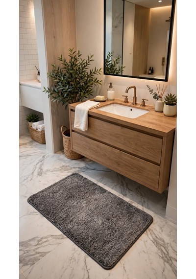 Buddy Lüks Shaggy Banyo Paspası - Füme Gri, Yumuşak Tüylü, Kaymaz Tabanlı - 60x100 Cm