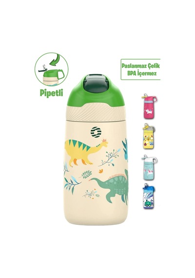 Vagonlife 2'li Set 350 Ml Çocuk Pipetli Çelik Matara Paslanmaz Çelik Termos 5 Farklı Renk 2055-350ml Yeşil-mor