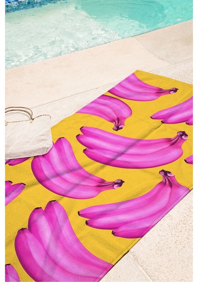Muz Desenli Tropikal Sarı Pembe Plaj Havlusu - Modern Pop Art Yazlık Hızlı Kuruyan Mikrofiber Havlu Çok Renkli