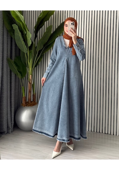 Molly Nelly Kadın V Yaka Pile Detaylı Oversize Kot Tesettür Elbise Mavi