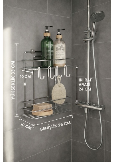 Sas Haus Lüks Krom Metal 2 Katlı Banyo Rafı Şampuanlık Ve Duş Rafı Askılı Yapışkanlı Duvara Monte Tş-02 Krom