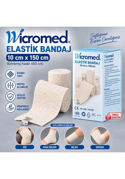 Wicromed Elastik Bandaj 10x150 Cm Metal Klipsli Esnek Destek Bandajı 5 Adet