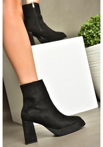Fox Shoes R282230202 Siyah Süet Kalın Topuklu Kadın Bot Siyah