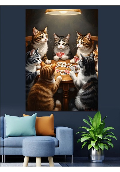 Ahşap Tablo Masada Poker Oynayan Kediler