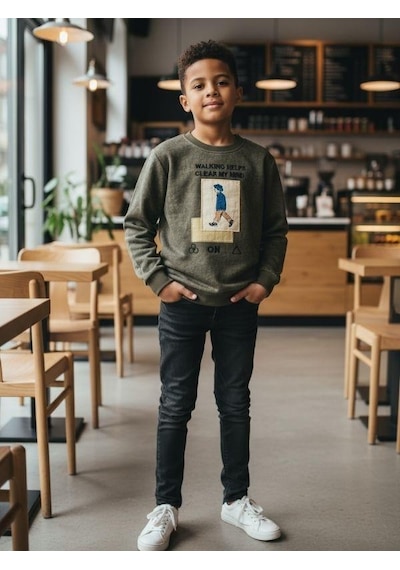 Zekids Erkek Çocuk Pamuklu Clear My Mind Yazılı Batik Desenli Sweatshirt-16333 Haki