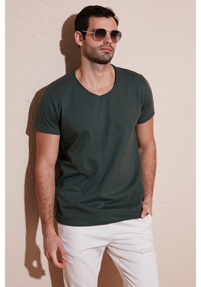 Buratti Pamuklu Slim Fit V Yaka Basic Erkek T Shirt 5412001 Haki