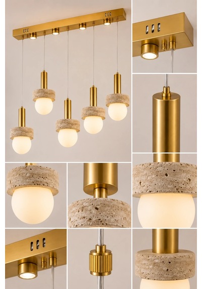 Eskitme Premium Traverten Taşlı 5'li Sarkıt Avize Gold Kasa Salon Mutfak Aydınlatma 24w