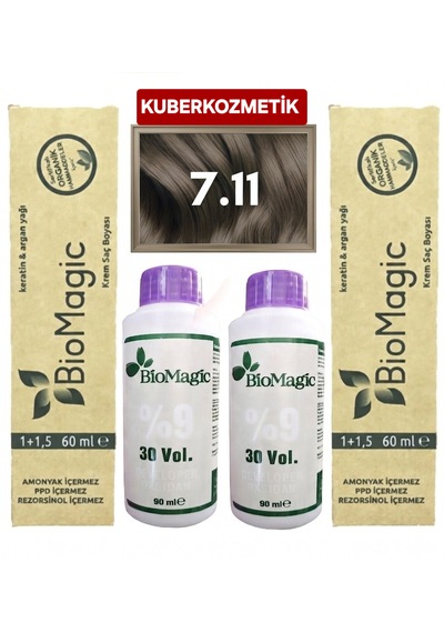 Biomagic 7.11 Yoğun Küllü Kumral Organik İçerikli Amonyaksız Kalıcı Saç Boyası 2 Boya+ 2 Oksidan