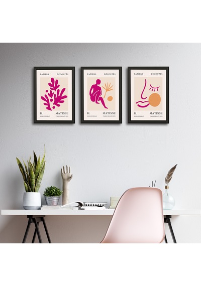 Henri Matisse 3'lü Alüminyum Çerçeveli Poster Seti - Önden Açılır A3 Açılır Kapanır Çerçeve Seti Fuşya Pembe Soyut Figürler, Siyah