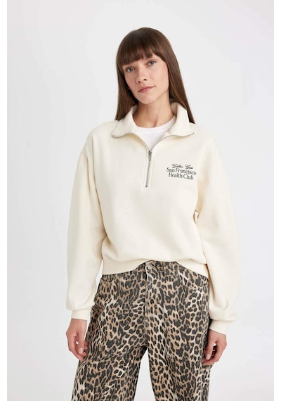 Defacto Regular Fit Baskılı Yarım Fermuarlı Dik Yaka Kalın Sweatshirt D5298AX24AUBG759 Bej