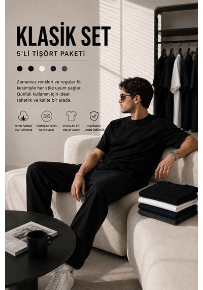 Masion Rae Erkek 5'li Basic Tişört Seti Regular Fit Bisiklet Yaka %100 Pamuk 30/1 Süprem Siyah-siyah-beyaz-lacivert-antrasit