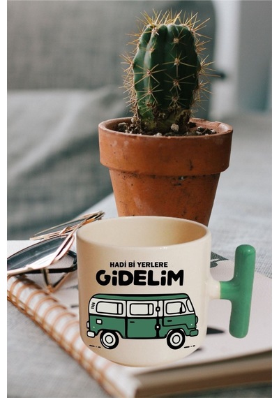 Hadi Gidelim Yeşil Kulplu T Kulp Kupa Beyaz