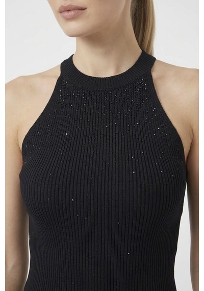 Neden Tekstil Kadın Taşlı Fitilli Halter Yaka Crop Bluz - Siyah