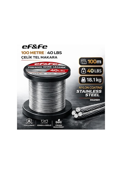 Effe Hg2501 Çelik Tel Makara 100m 40lbs 18.1kg Nylon Coating Stainless Steel 40 Lbs