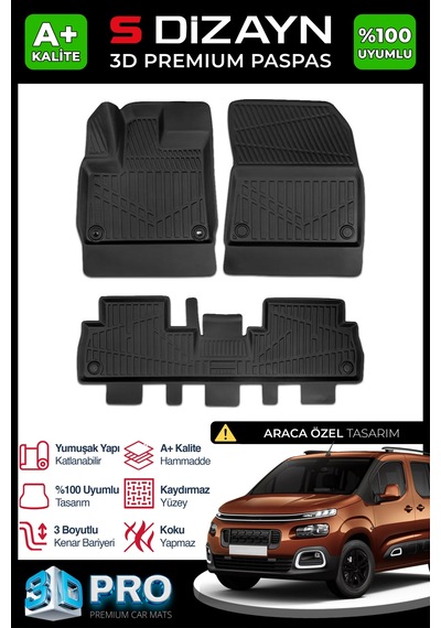 S-dizayn Citroen Berlingo 3d Pro Havuzlu Paspas 2018 Üzeri A+ Kalite