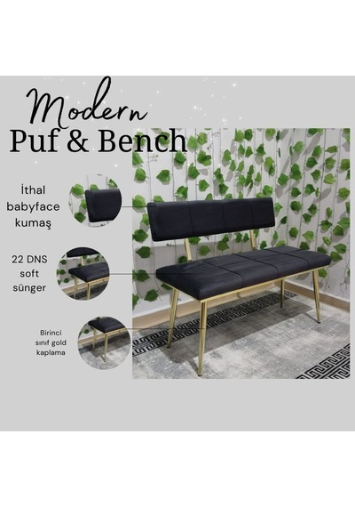 Özcan Metal Metal Ayaklı Sırtlı Gold Mutfak Salon Antre Yatak Odası Puf Bank Oturak Bench Antrasitgri