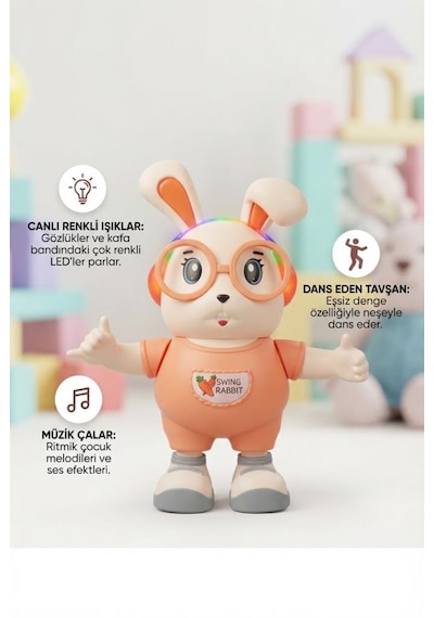 Dans Eden Sevimli Tavşan Elleri Ve Ayakları Haraketli 18 Cm Işıklı Sesli Eğitici Oyuncak Tavşan Pembe