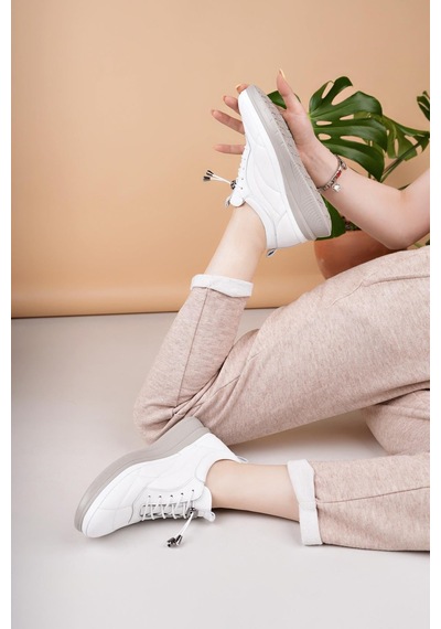 Nesilshoes Modessa 123 Beyaz Bağcıklı Hakiki Soft Deri Kadın Ayakkabı