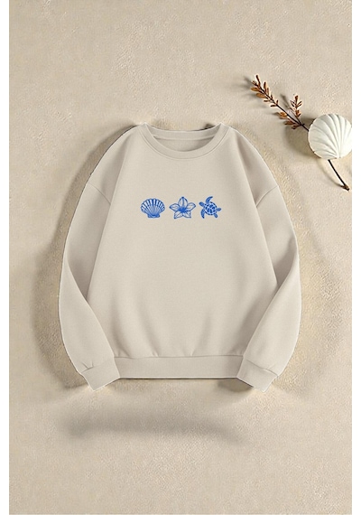 Uyguntarz Çok Renkli Deniz Kabukları Serisi Baskılı Sweatshirt 3'lü Fırsat Paketi
