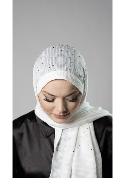 Hürrem Bone Beyaz Pratik Hazır Geçmeli Tesettür Şal Örme Kumaş Taş Desenli 2118t 42