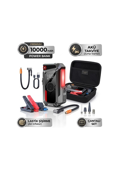 Oto Akü Takviye Cihazı & Dijital Lastik Şişirme Pompası Çantalı 10000 Mah Bataryalı
