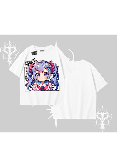 Tarzsokak Oversize Tshirt Hello Anime Kız Sevimli Karakter Baskılı Beyaz