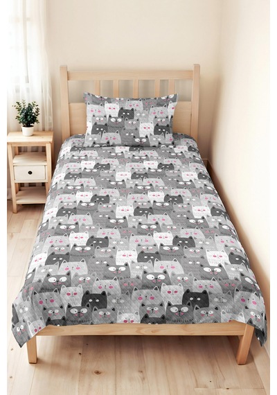 Gri Kedi Desenli Genç Odası Tek Kişilik Pike Takımı - Sevimli Pembe 160x220 Cm Kapitone Yatak Örtüsü Bulanık Saman Uyumu