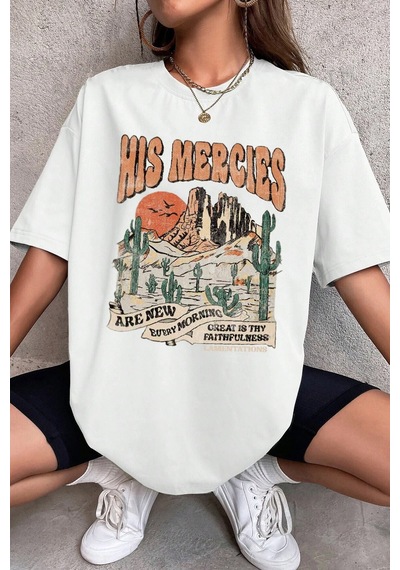 Unisex His Mercies Baskılı Oversize Tshirt Beyaz