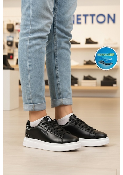 United Colors Of Benetton Siyah Beyaz Bağcıklı Cilt Unisex Spor Ayakkabı Bnı-12098 G Siyah-Beyaz