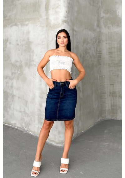 HLT Jeans Koyu Mavi Kadın Regular Fit Yüksek Bel Orta Boy Denim Kot Etek Alice-4006 Koyu Mavi