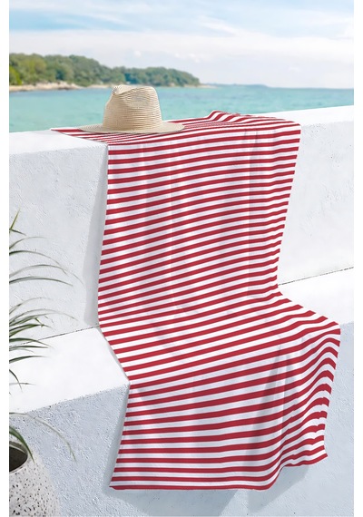 Çizgili Kırmızı Beyaz Marine Plaj Havlusu - Modern Nautical Stil Hızlı Kuruyan Mikrofiber Havlu Çok Renkli