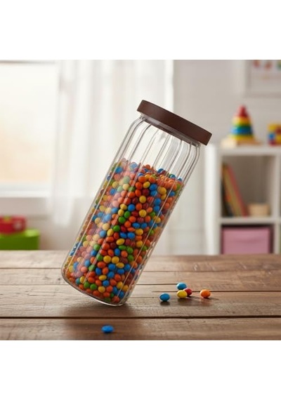 Akasya Kapaklı Uzun Çizgili Cam Kavanoz 1250 Ml Hava Geçirmez, Modern Fitilli Tasarım Gıda Saklama Kabı Makarna, Bakliyat, Kahve Ve Çay Kavanozu 9x25 Cm 12 Izgara