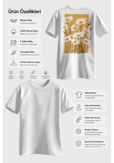 Spoyi Altın Bahar Tasarımlı %100 Pamuk Yarım Oversize Beyaz T-shirt
