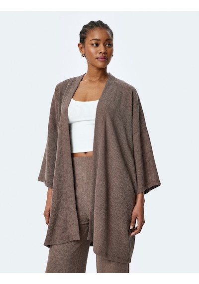 Koton Viskon Karışımlı Rahat Kalıp Geniş Uzun Kollu Kimono Kahverengi 5sak30054ek Kahve