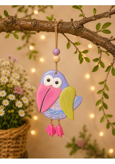 El Boyaması Kuş Duvar Süsü Balkon Ve Bahçe Dekoru Jüt İpli Asılabilir Dekoratif Süs 15x13 Cm Pembe